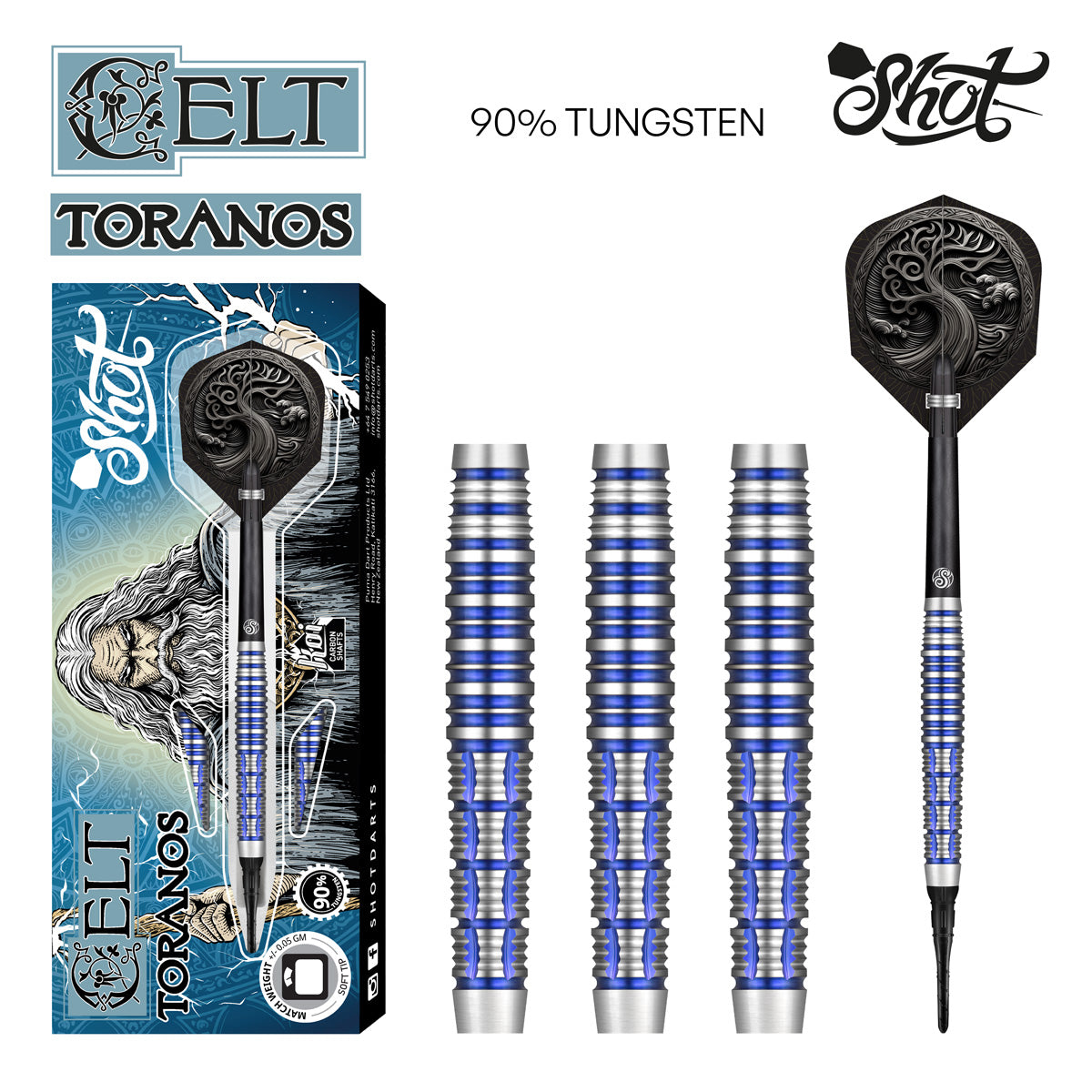 Shot Darts Celt Toranos Soft Tip Dart Set - 90% Tungsten Barrels-20gm