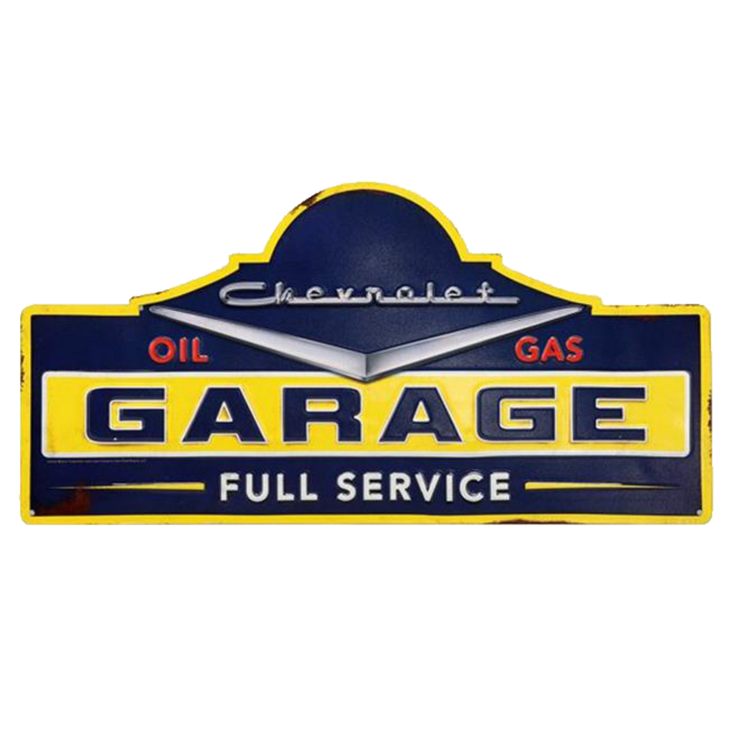 "Chevrolet Garage Full Service" retro tin sign featuring classic Chevy logo and vintage service station design in vibrant blue and yellow colors.