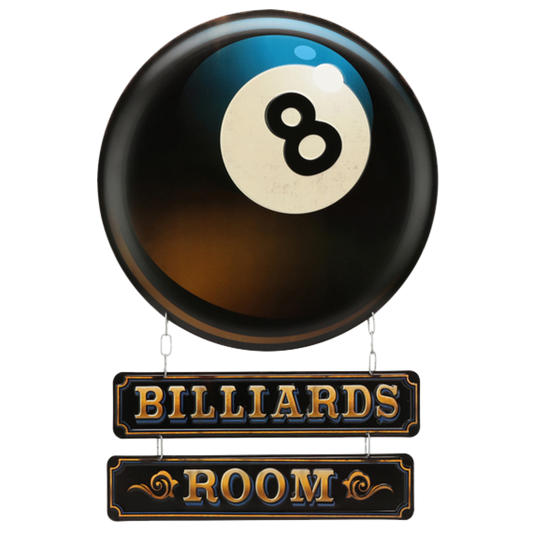 Glossy 8-ball image with hanging "Billiards Room" lettering in gold on a black backdrop.