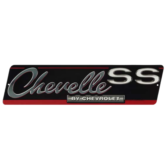Classic black and red Chevrolet Chevelle SS decorative tin sign.