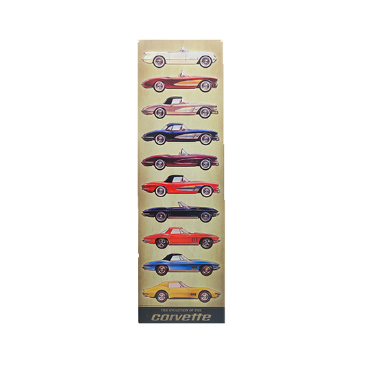 Vertical tin sign depicting the evolution of various Corvette car models in chronological order.