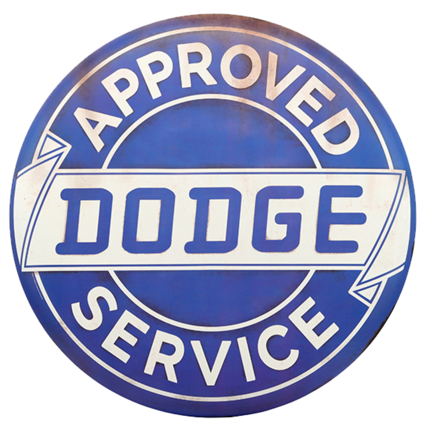 Vintage blue and white Dodge Approved Service round metal sign.