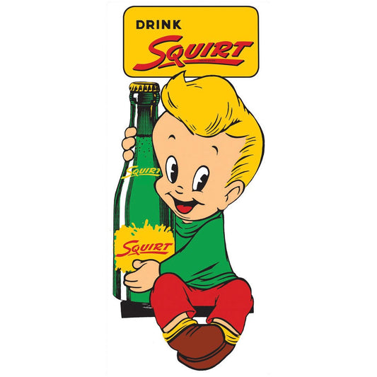 Vintage-inspired tin sign with a cheerful character holding a bottle of Squirt soda against a bright yellow background.