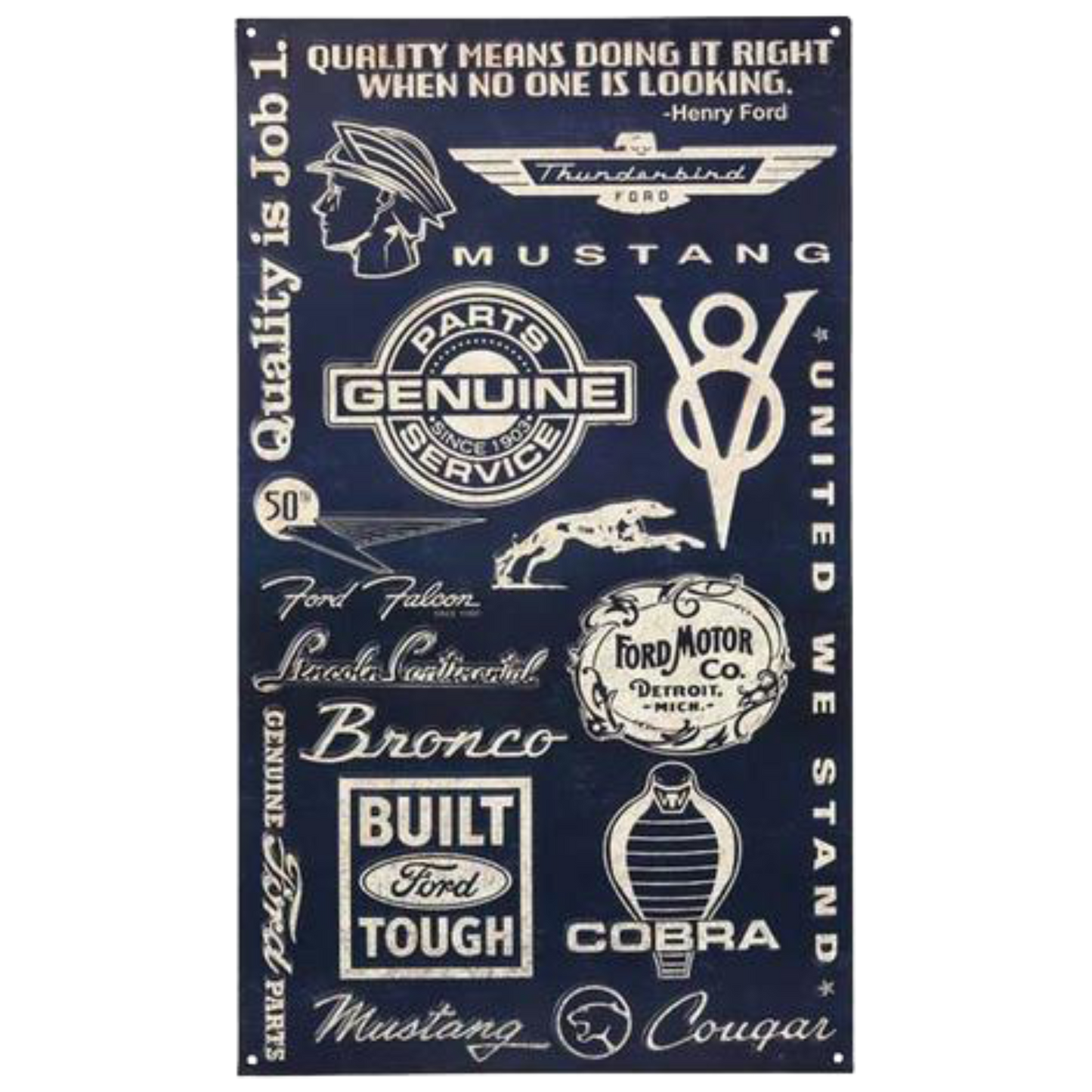 Navy blue tin sign featuring various iconic Ford logos, emblems, and quotes.