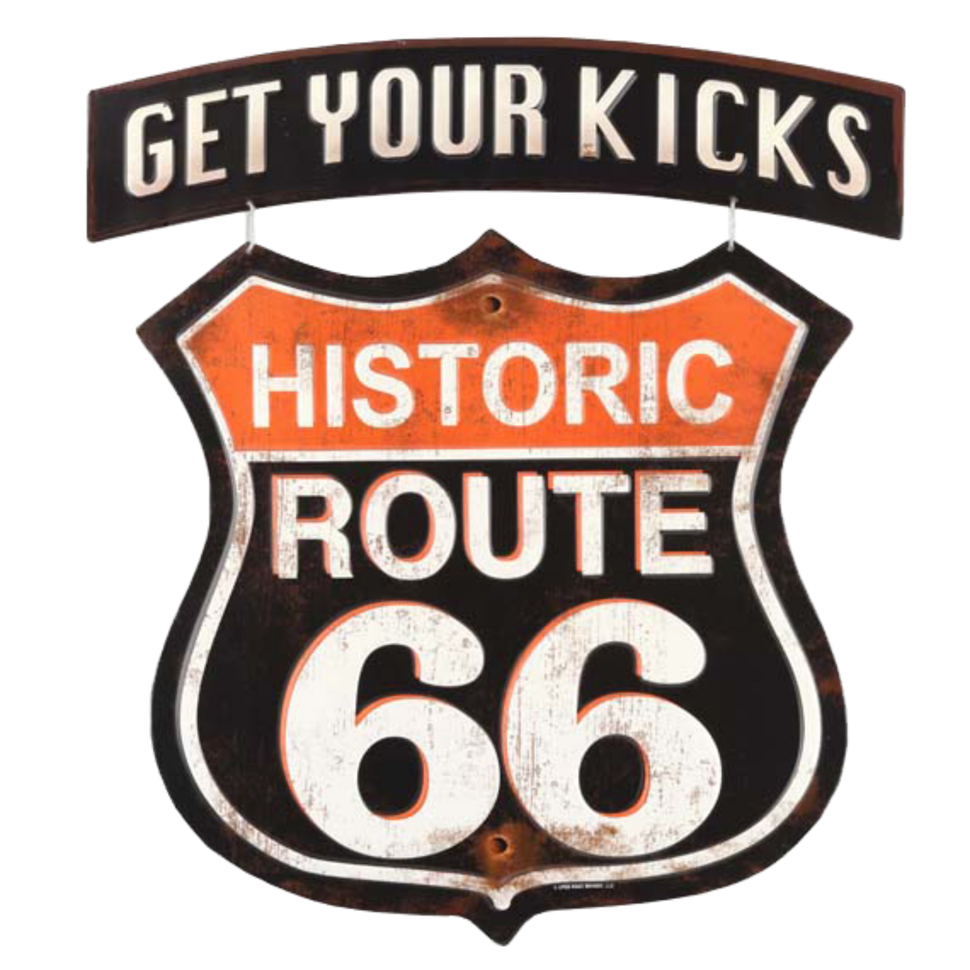 Retro styled tin sign displaying "Get Your Kicks" at the top and "Historic Route 66" shield below.