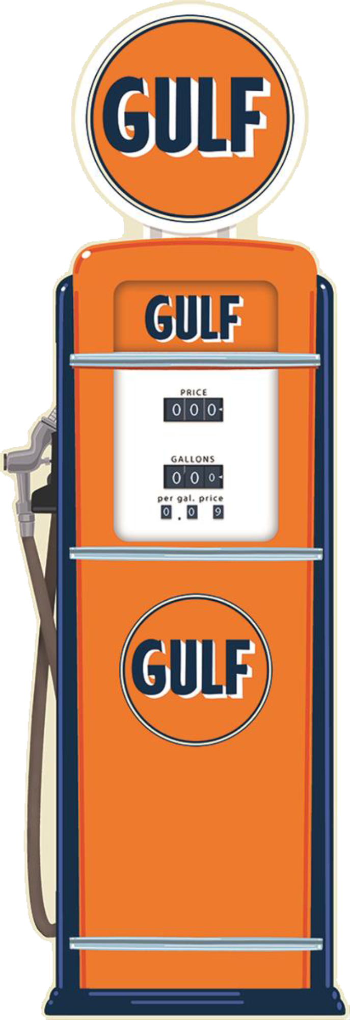 Vintage styled Gulf gasoline pump tin sign with prominent logo and pump details.