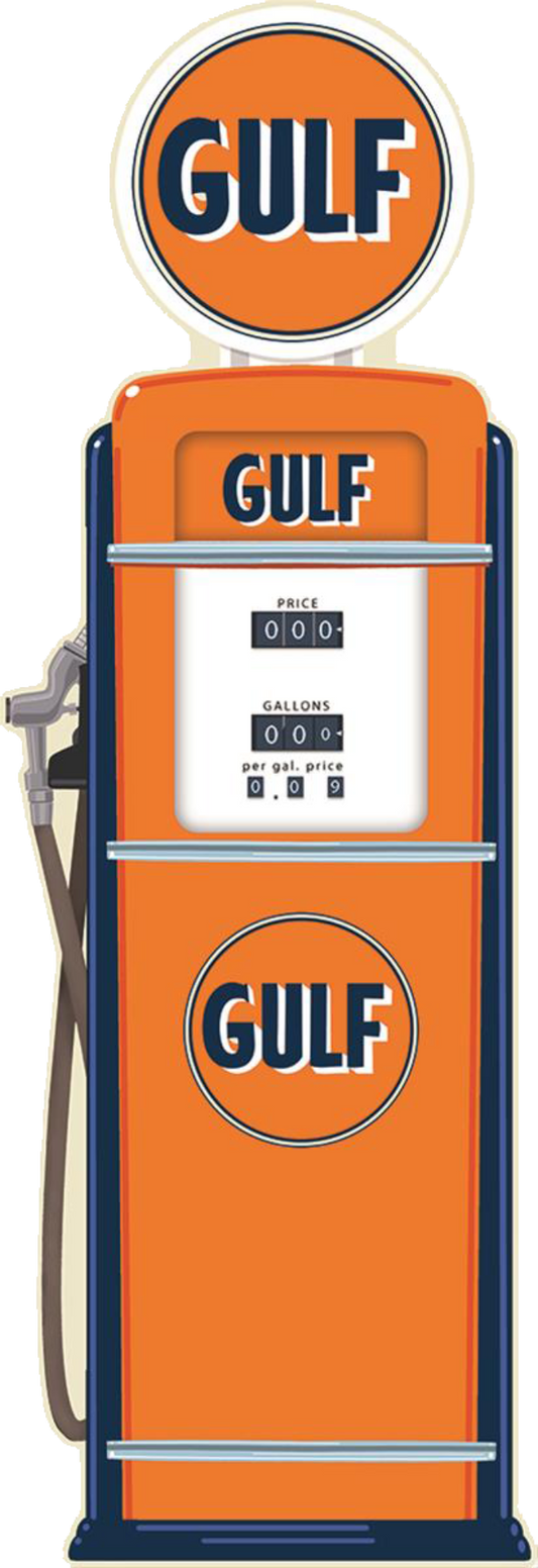 Vintage styled Gulf gasoline pump tin sign with prominent logo and pump details.