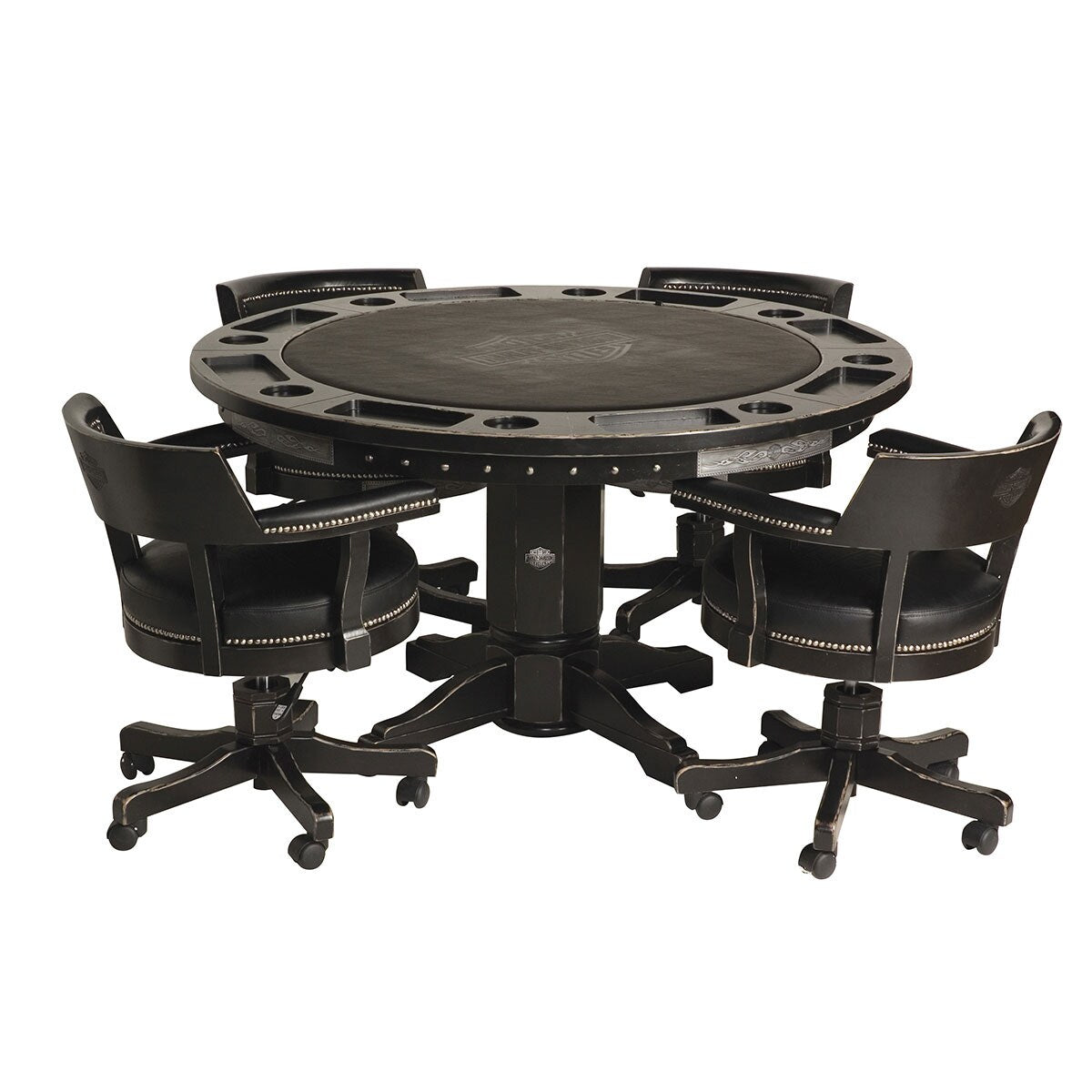 Harley Davidson Bar & Shield Flames Poker Table & Chairs Set w/ Vintage Black finish