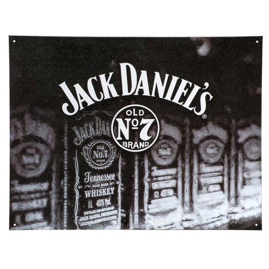 Stylish metal sign featuring the vintage Jack Daniel's Old No. 7 whiskey bottle design against a black background.