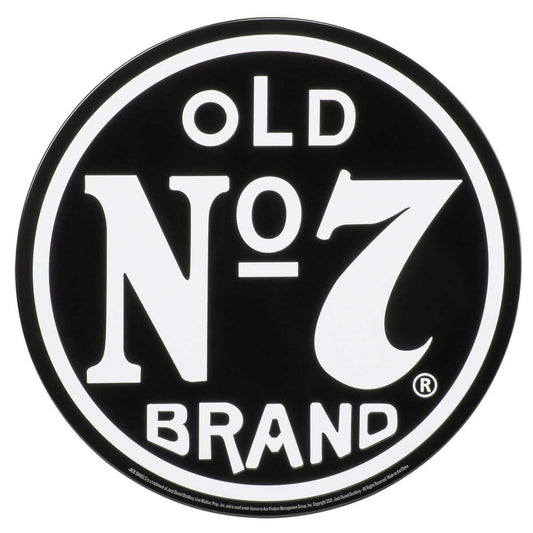 Black and white circular tin sign featuring the "Old No. 7 Brand" logo of Jack Daniel's.