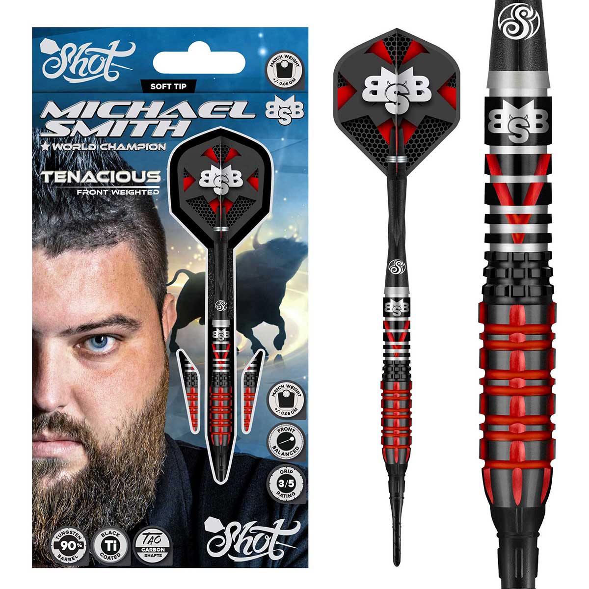 Michael Smith Tenacious Soft Tip Dart Set-90% Front Weighted-18gm
