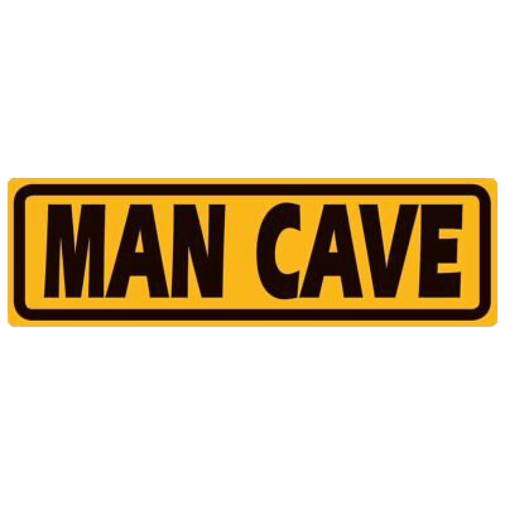 "Man Cave" inscribed on a rectangular, bold tin sign in black and yellow, ideal for designating a personal space.