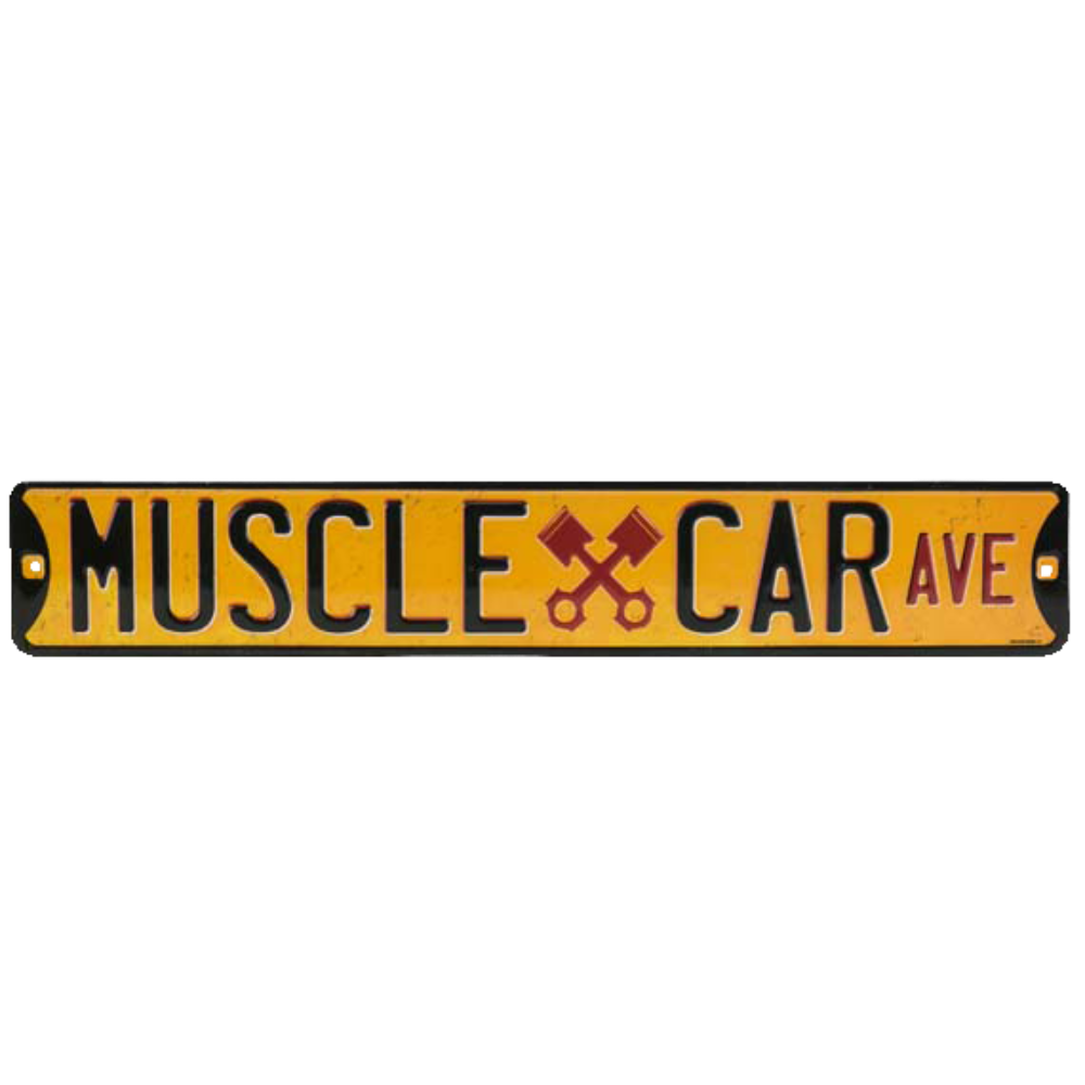 Vintage-style "Muscle Car Ave" tin sign with checkered flags and bold lettering.