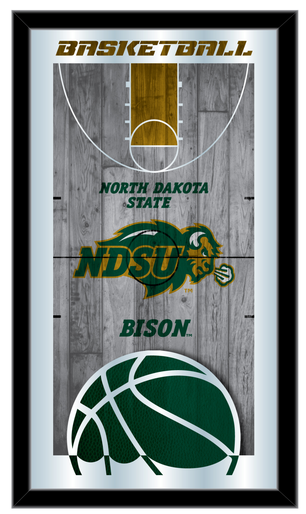 Front view of NDSU Bison basketball court-themed mirror, featuring the official logo, a testament to NDSU sports heritage and fandom.
