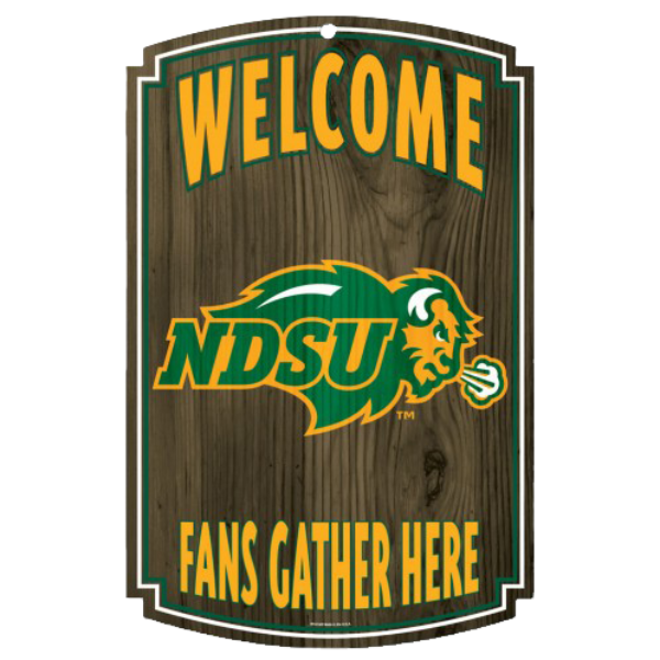 Handcrafted NDSU Bison wood sign with "Welcome - Fans Gather Here" inscription, celebrating team spirit and unity.