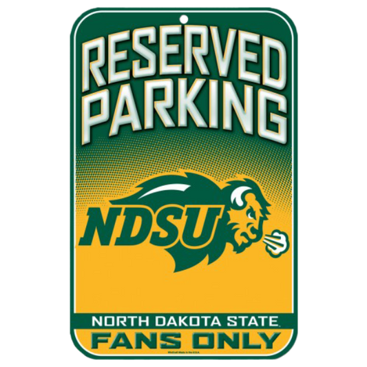Bold NDSU Fans Only reserved parking sign featuring vibrant team colors and the Bison logo, symbolizing exclusive game day spirit.