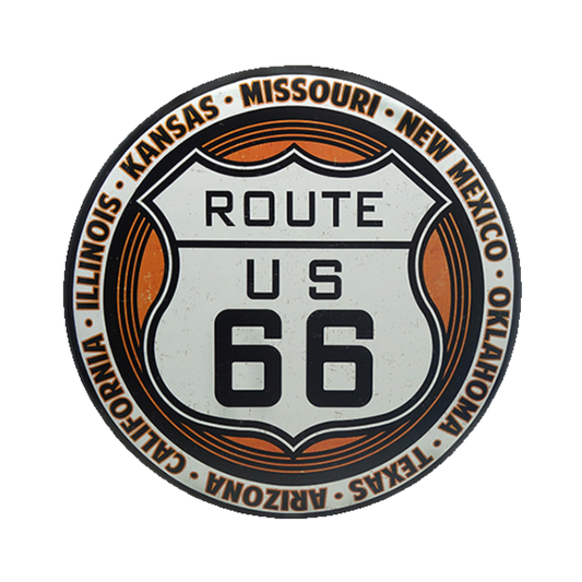 Round tin sign showcasing the iconic Route 66 logo surrounded by the names of the states it passes through.
