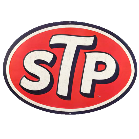 Oval red metal sign with the embossed STP logo in bold white and black letters.