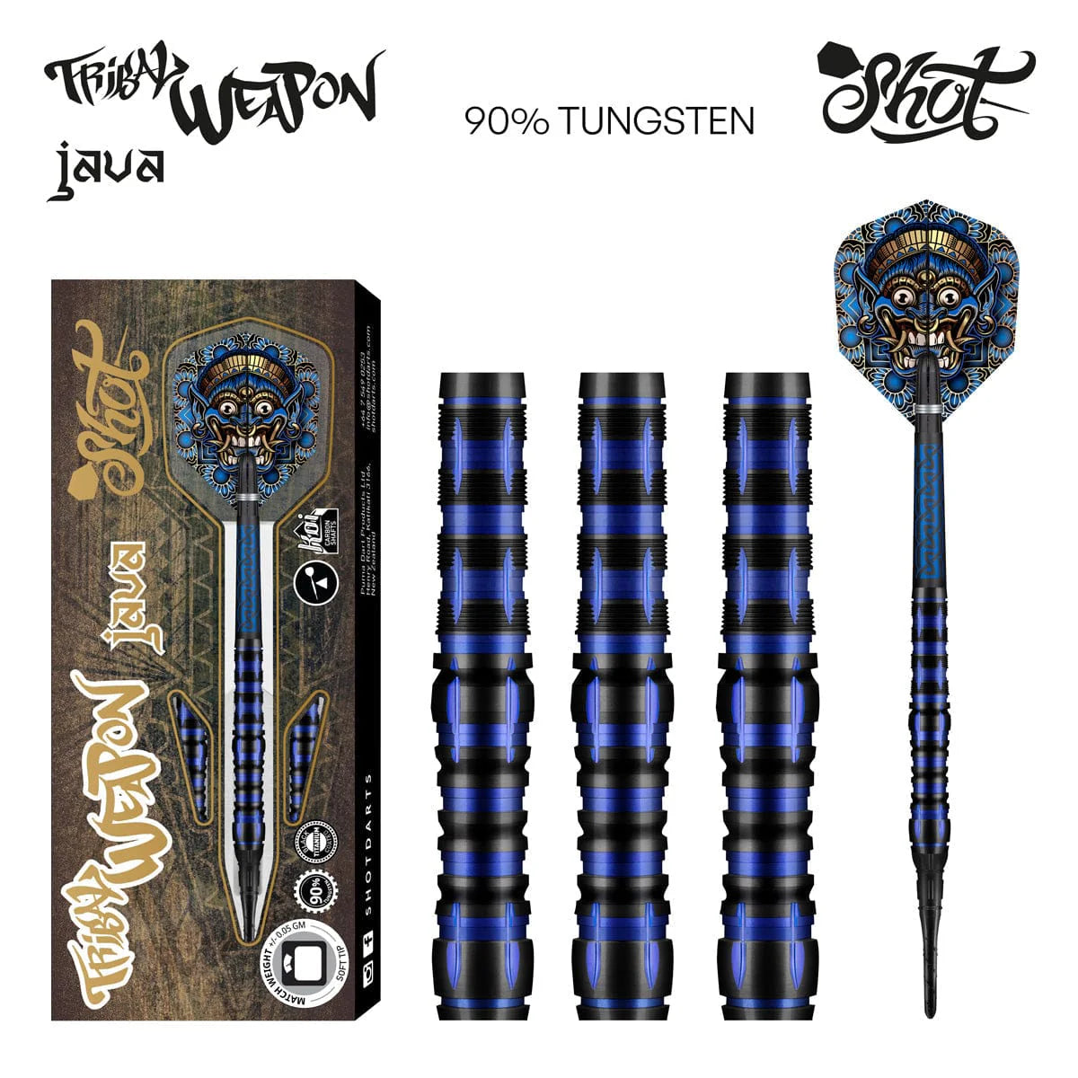 Shot Darts Tribal Weapon Java Soft Tip Dart Set-90% Tungsten Barrels-18gm