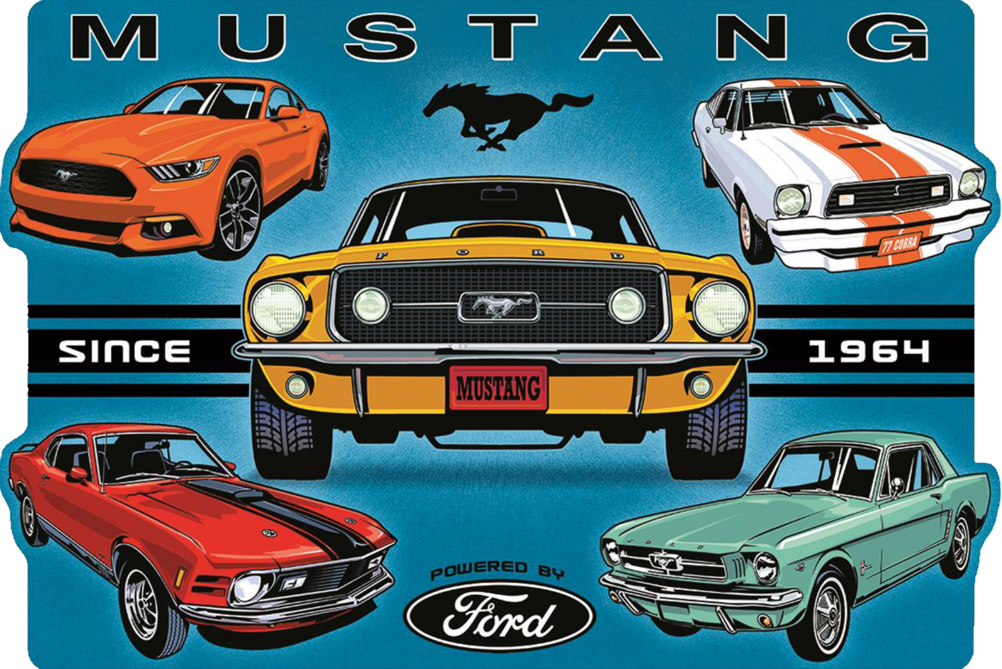A collage of classic Ford Mustang models from 1964 onwards on a die-cut tin sign, emphasizing the heritage and style of the iconic muscle car.