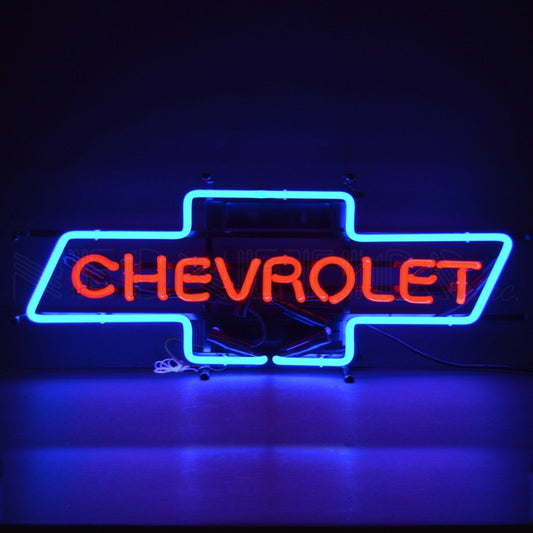 "Chevrolet Bowtie" neon sign in striking red and blue.