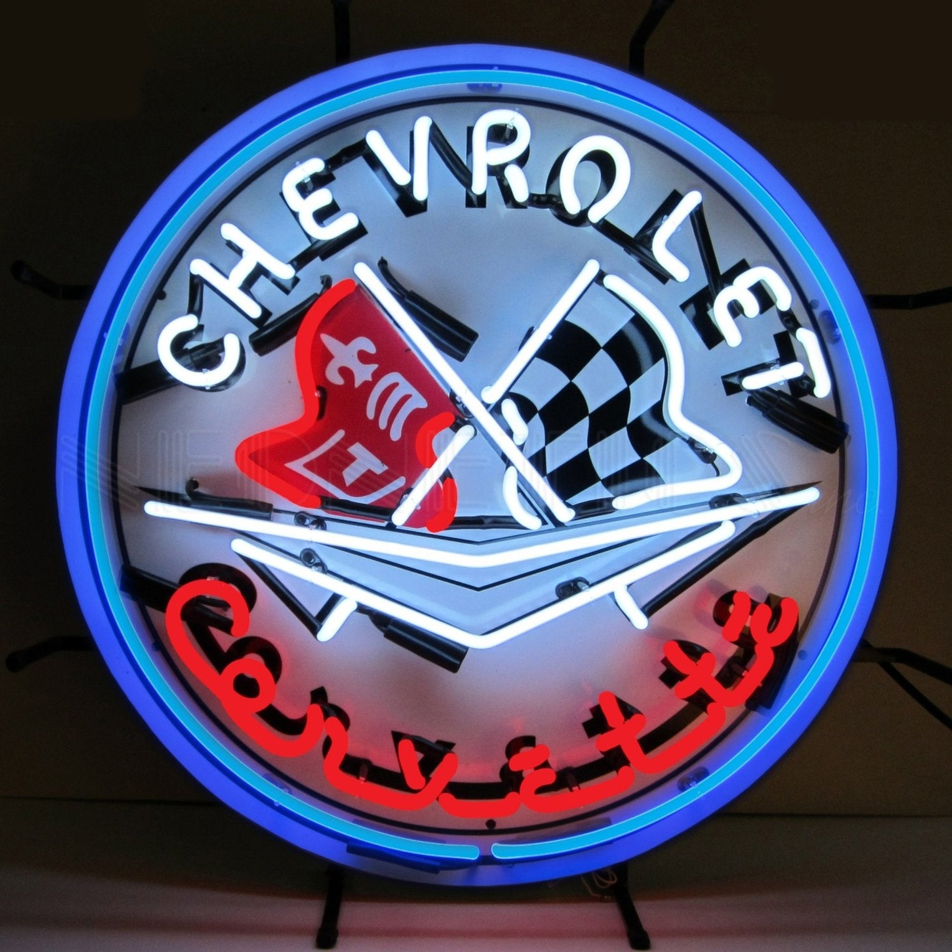 "Chevrolet Corvette with Blue Ring" neon sign featuring iconic emblem and checkered flag.