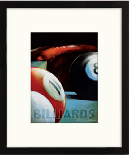 Artistic 'Billiards' framed art print showcasing vibrant pool balls and a cue, perfect for game room decor.