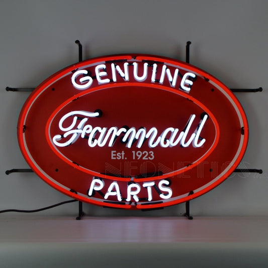 "GENUINE Farmall PARTS" red and white oval neon sign.