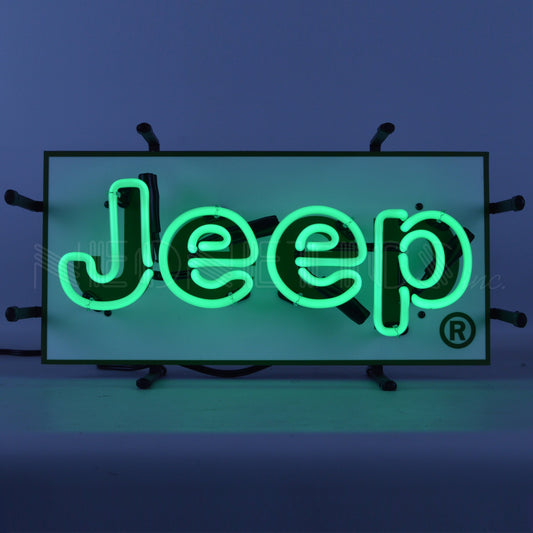 Jeep Green Junior Neon Sign featuring the iconic Jeep logo in vibrant green neon, perfect for adding a touch of adventure to any wall.