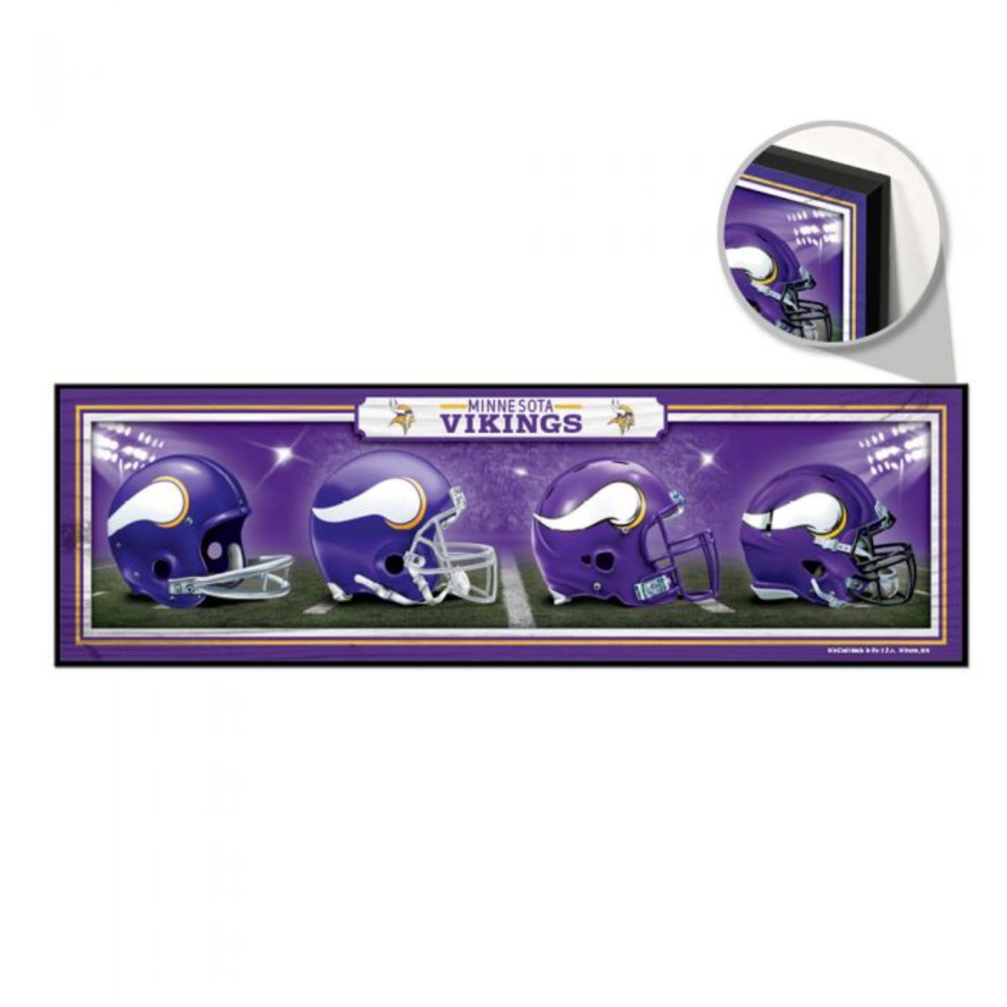 Row of Minnesota Vikings helmets on wood sign, showcasing the team's evolution and spirit.