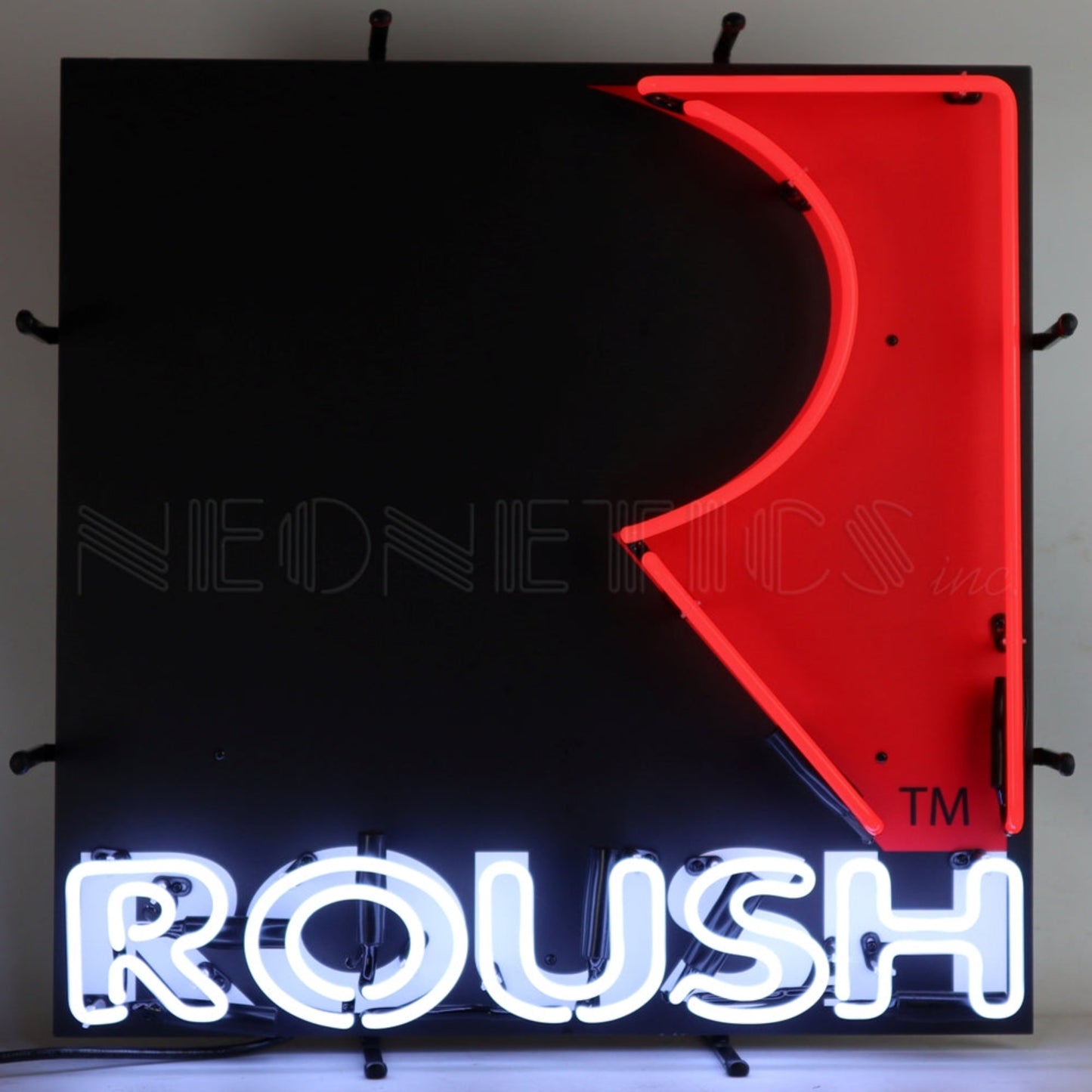 Roush Square R Neon Sign, 24 inches by 24 inches, showcasing the Roush brand logo in bright neon lights.