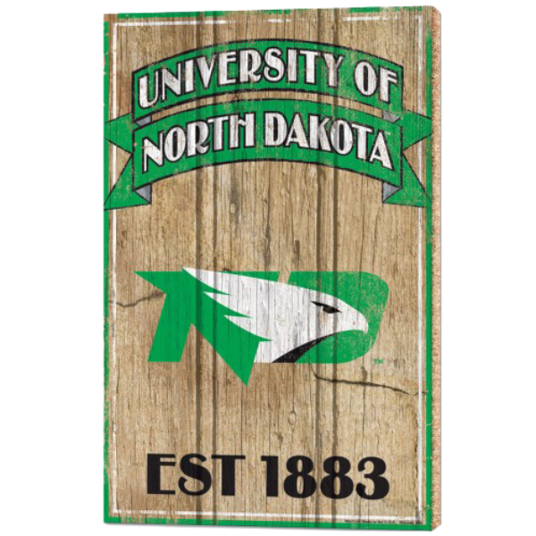 University of North Dakota est. 1883 vintage-style wood sign with emblem.