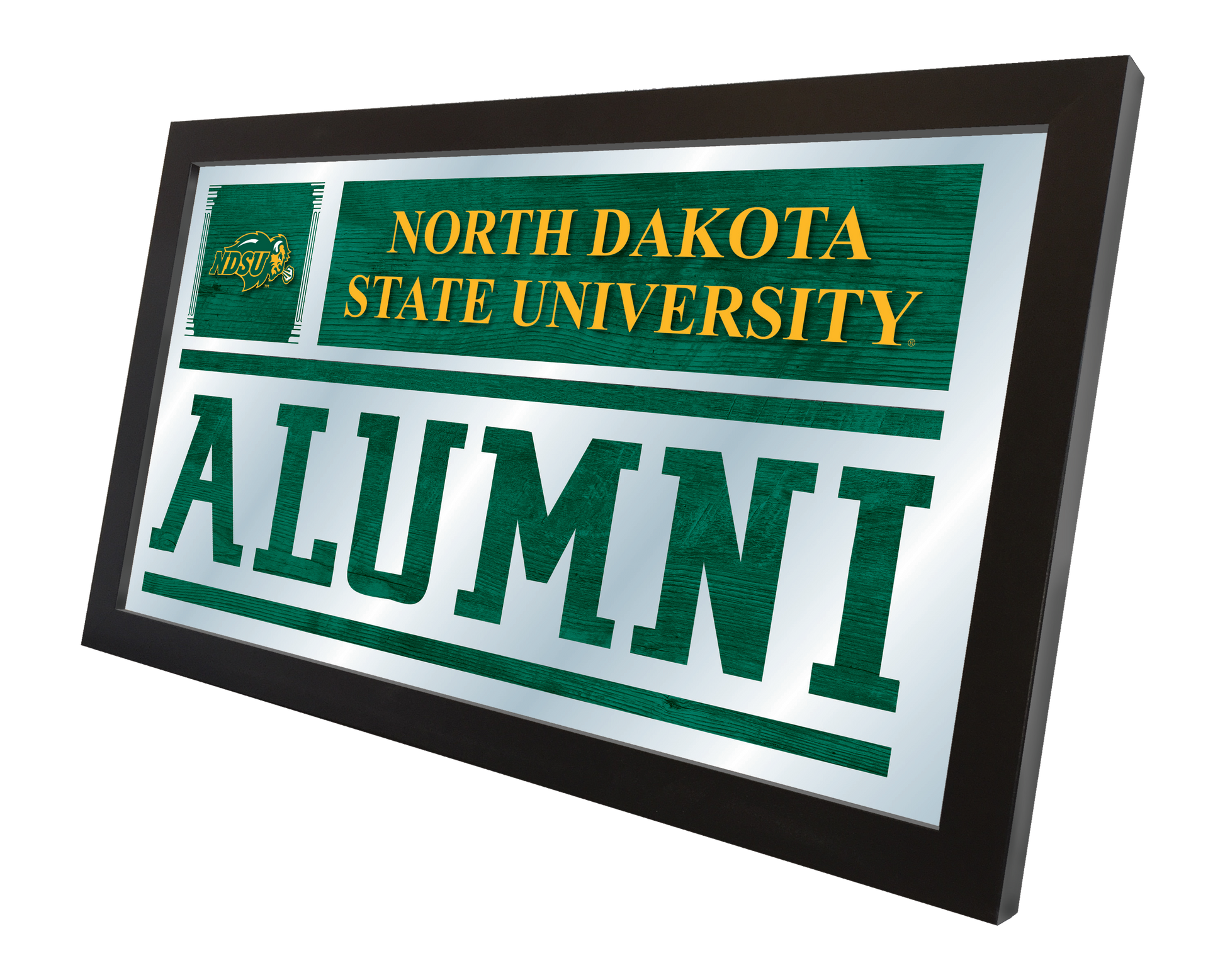 Angled perspective of North Dakota State University Alumni Mirror showing the depth and quality of the frame.