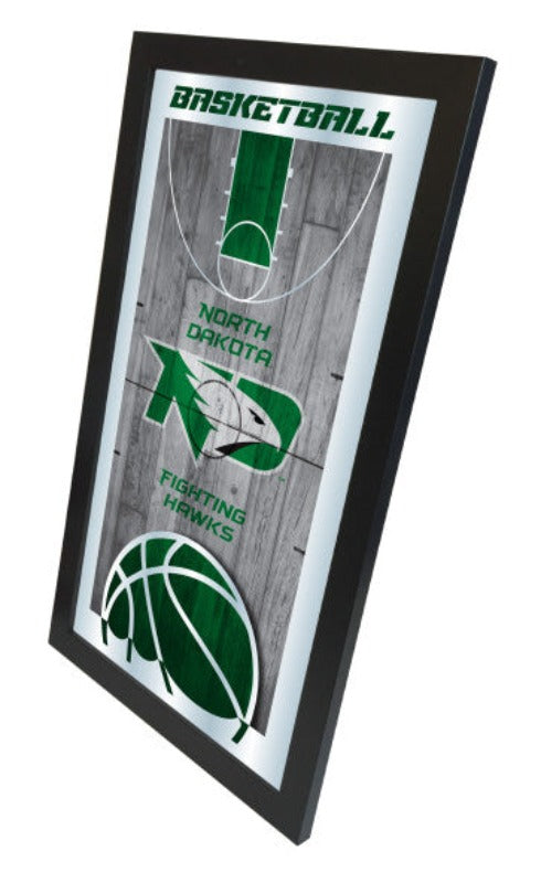 Angled view of the University of North Dakota Basketball Mirror showcasing team spirit and mirror quality.