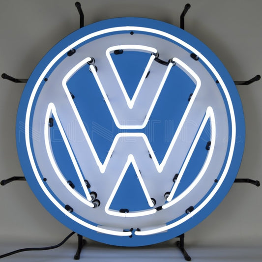 Classic Volkswagen VW logo in a round neon sign, emitting a brilliant blue and white glow to elevate any automotive enthusiast's decor.