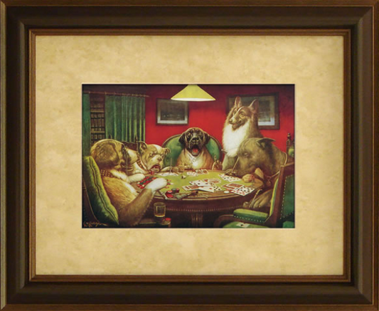 'Waterloo by Cassius Marcellus Coolidge' - A classic framed artwork of dogs engaged in an intense poker game, exuding charm and historical allure.