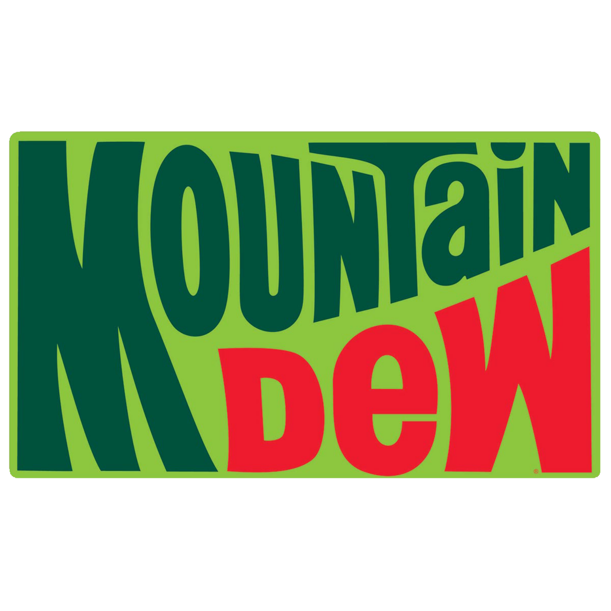 The classic 1970s Mountain Dew logo on a rectangular tin sign with bright green and red colors.