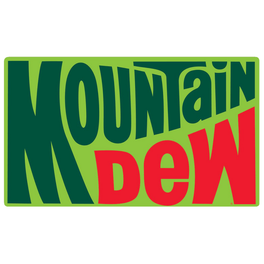 The classic 1970s Mountain Dew logo on a rectangular tin sign with bright green and red colors.