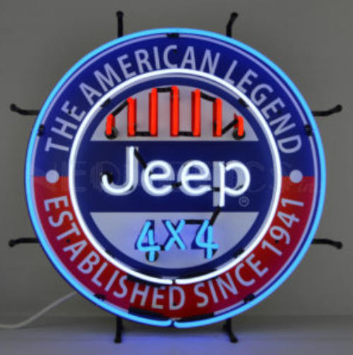 "Jeep 4X4 The American Legend" neon sign in red, white, and blue