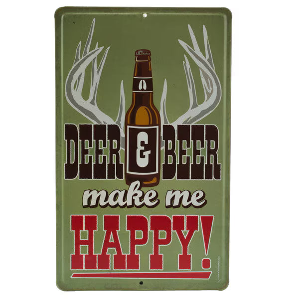 Deer & Beer Make Me Happy Embossed Metal Sign