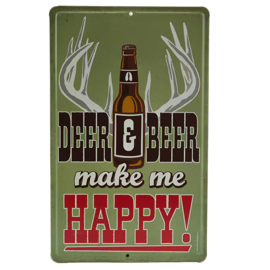 Deer & Beer Make Me Happy Embossed Metal Sign