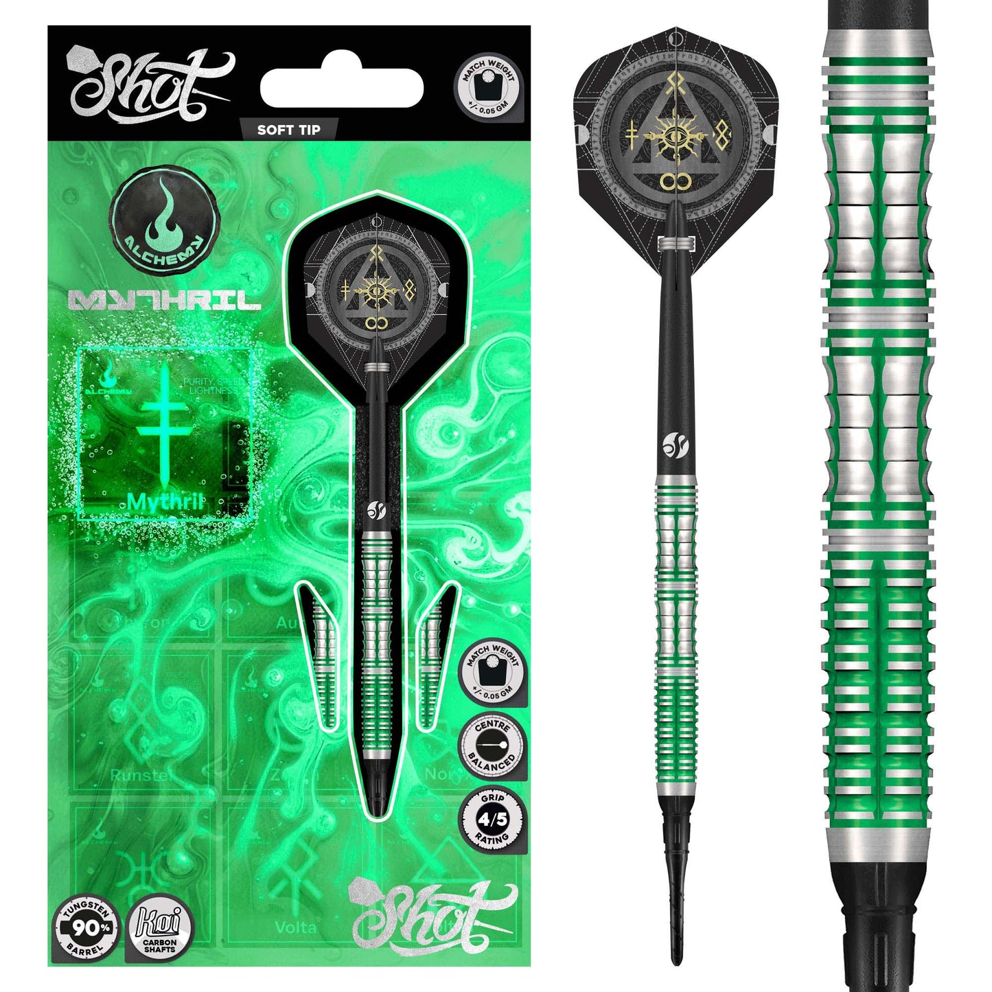 Shot Darts Alchemy Mythril Soft Tip Dart Set - 90% Tungsten Barrels - 20gm