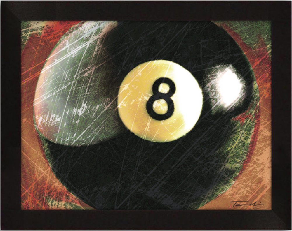Close-up-artwork-of-number-8-billiard-ball-in-vibrant-framed-presentation