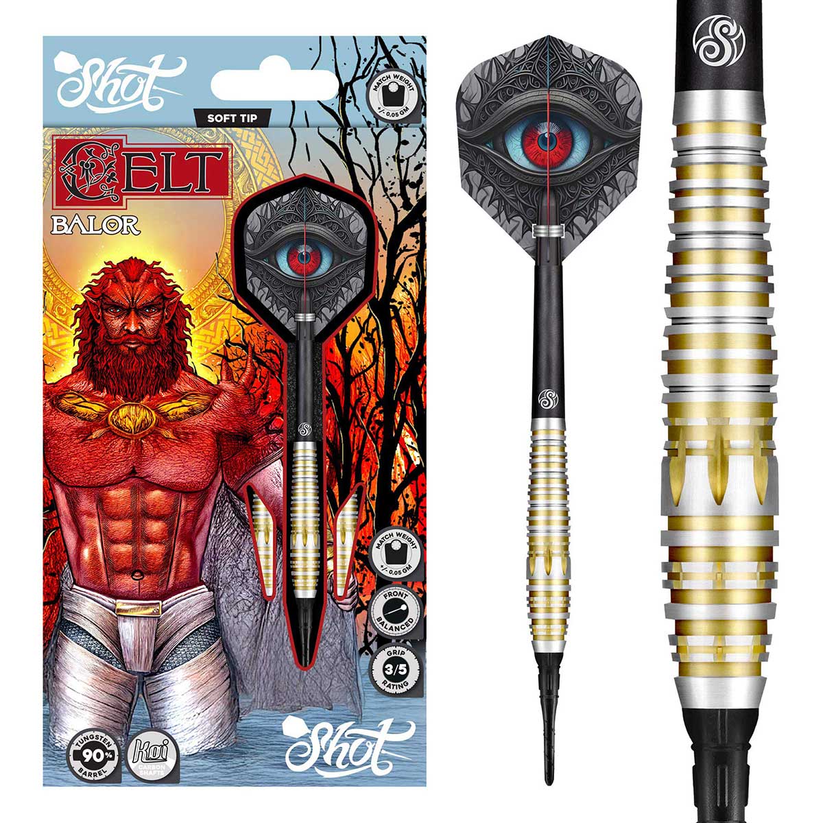 Shot Darts Celt Balor Soft Tip Dart Set-90% Tungsten Barrels - 18gm