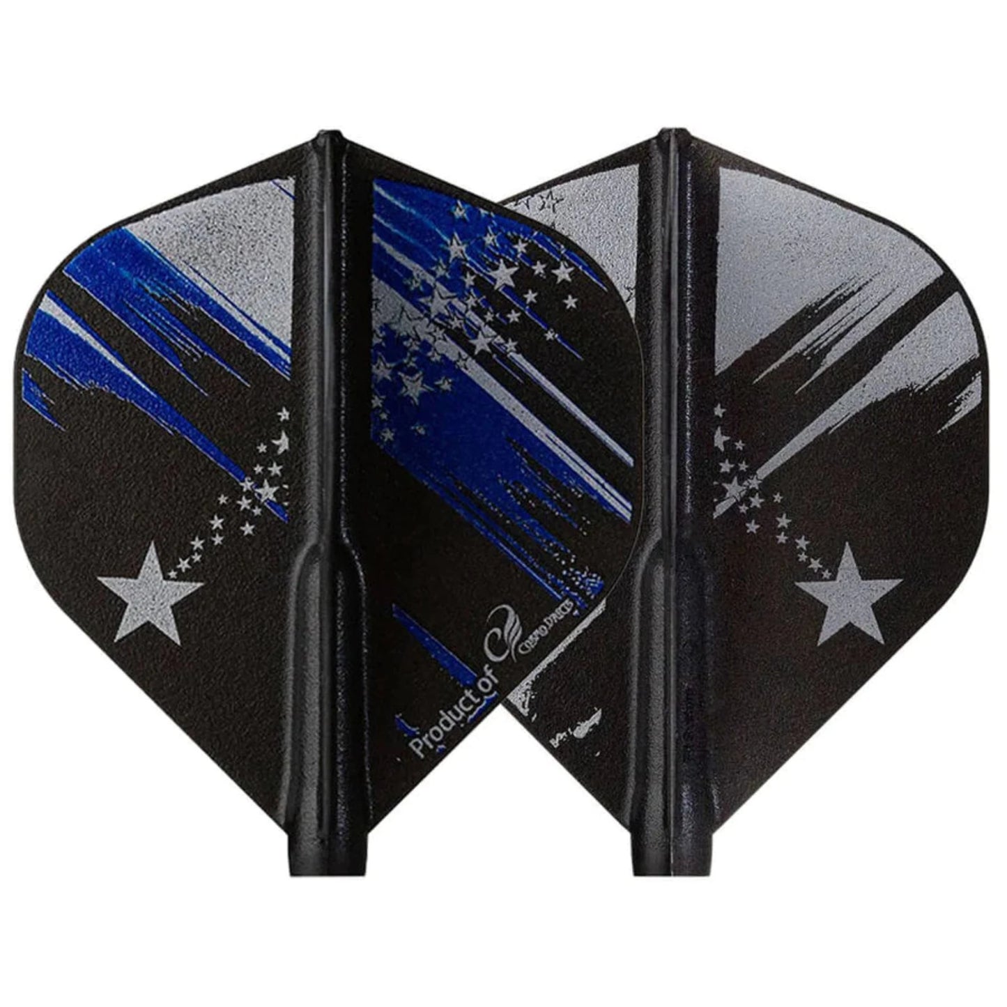 Cali West dart flights. The flights are black with blue and grey artwork featuring a brushstroke-like swipe and star shape details.