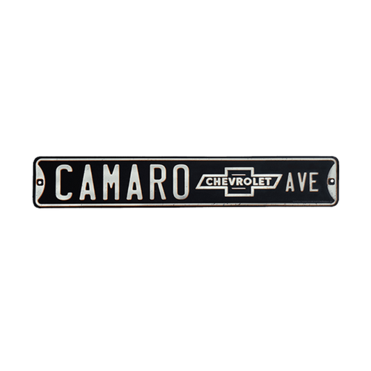 Embossed tin street sign in black with "CAMARO CHEVROLET AVE" lettering, perfect for muscle car enthusiasts' decor.