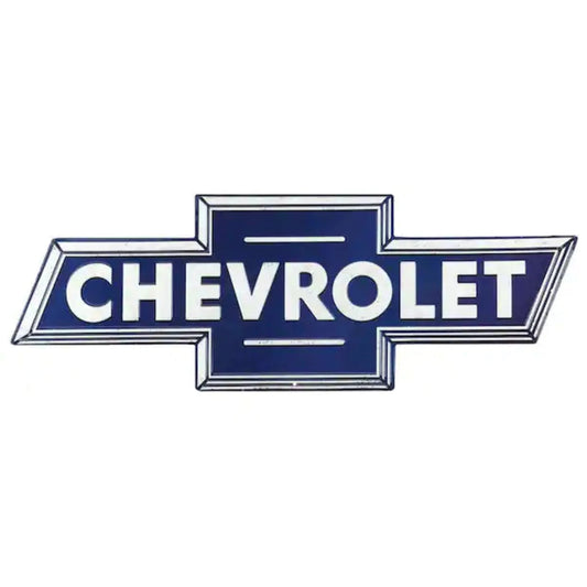 Classic Chevrolet Bowtie logo in blue and white on a tin sign.
