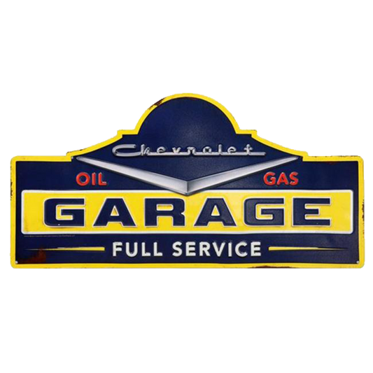 "Chevrolet Garage Full Service" retro tin sign featuring classic Chevy logo and vintage service station design in vibrant blue and yellow colors.