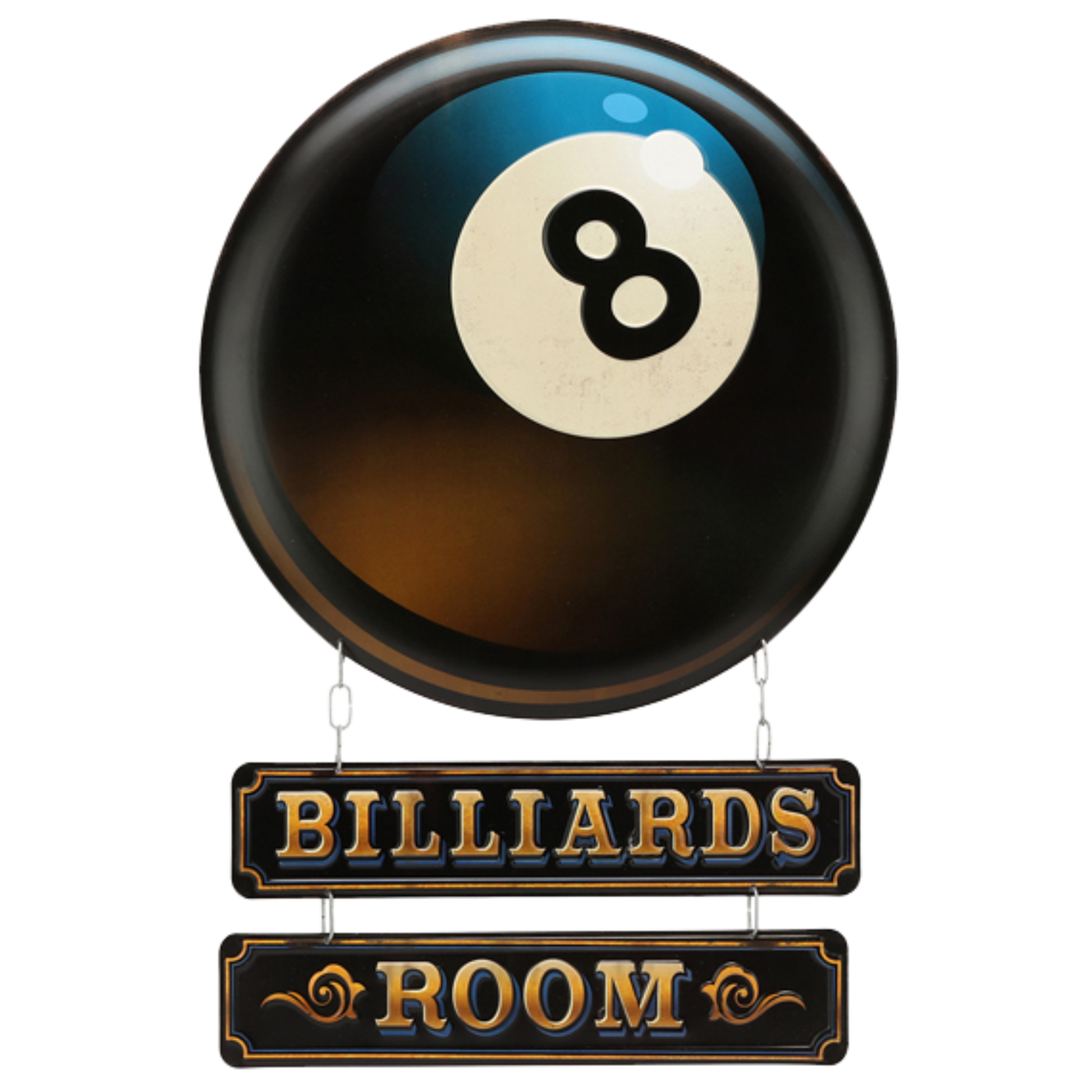 Glossy 8-ball image with hanging "Billiards Room" lettering in gold on a black backdrop.