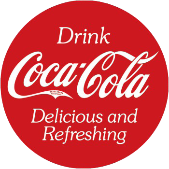 A classic Coca-Cola button-style tin sign featuring the iconic phrase "Drink Coca-Cola - Delicious and Refreshing" in bold white lettering against a red background, perfect for vintage-themed decor.
